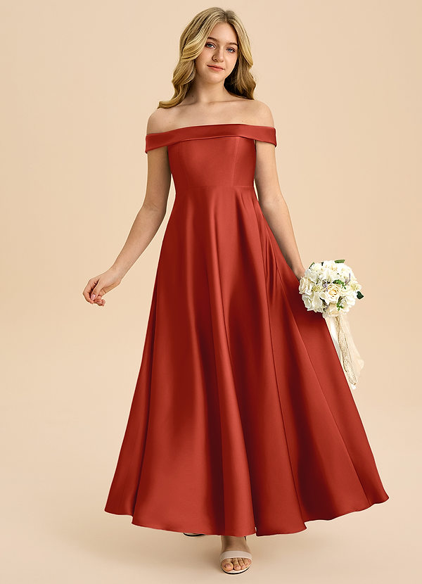 Azazie Sissy Junior Abito A-Line in Raso Elasticizzato a Spalla Scoperta Ruggine image1