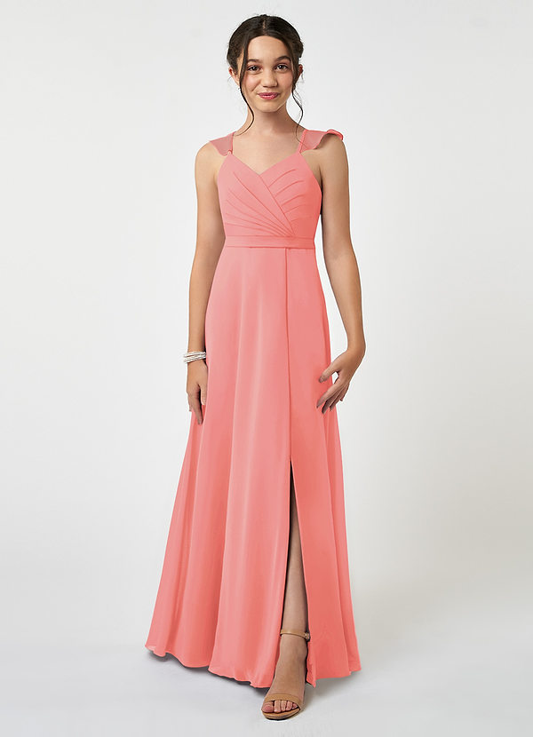 Azazie Emily Junior Coral A-Line Ruched Chiffon Dress image1