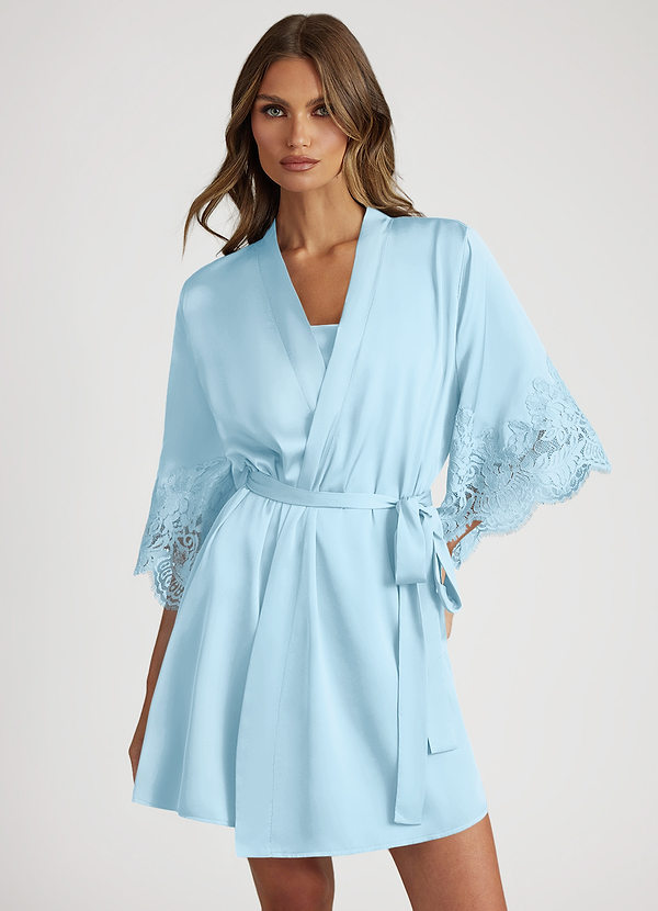front Azul Cielo Bata con mangas de encaje satinado