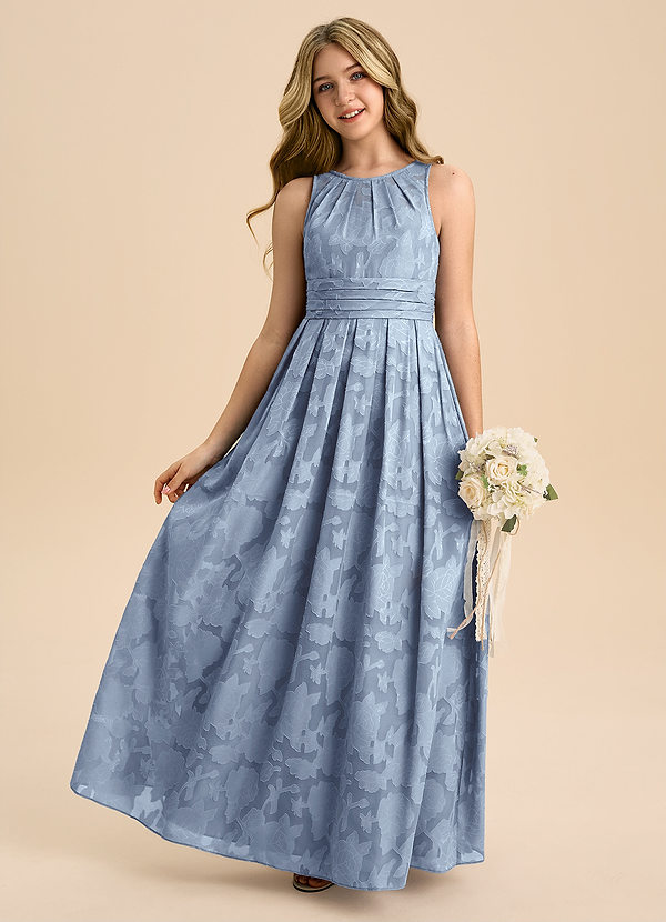 Azazie Bibiane Junior Dusty Blue A-Line Pleated Floral Burnout Dress image1