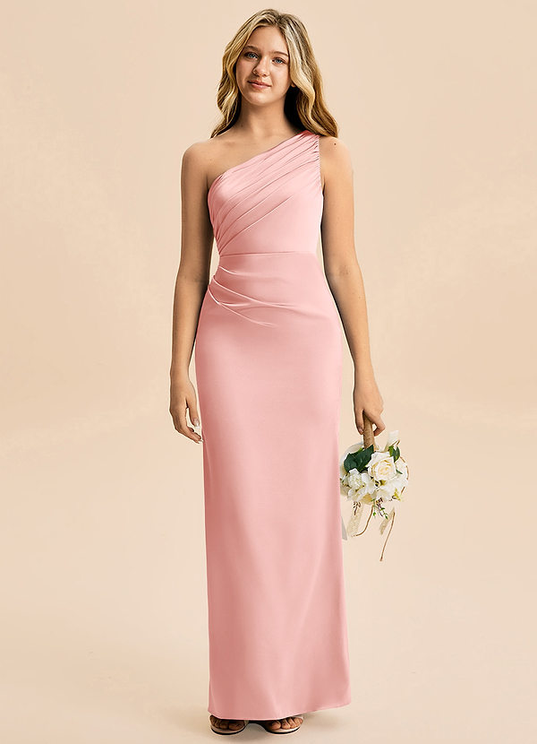 Azazie Akilah Junior Vestido de Rosa Empolvado de Satén Elástico de Corte Recto con Plisado image1