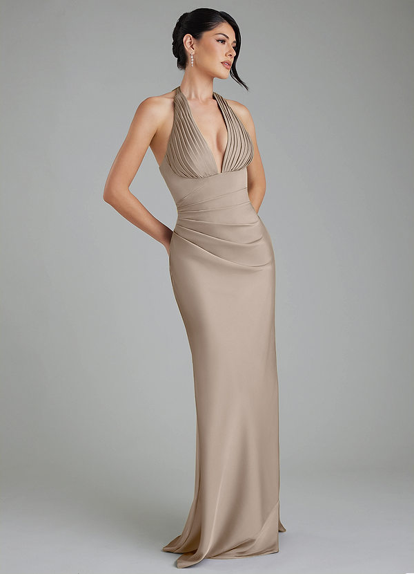 Azazie Torrance Taupe Stretch Satin Bridesmaid Dresses | Azazie