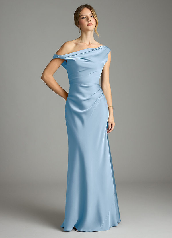 Azazie Emerson Bridesmaid Dresses Powder Blue Mermaid Off the Shoulder Stretch Satin Dress image1