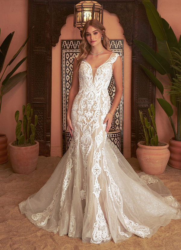 Azazie Delvita Vestidos de Novia Vestido de Blanco Diamante Nude de Tul de Corte Sirena con Lentejuelas Cuello V image1