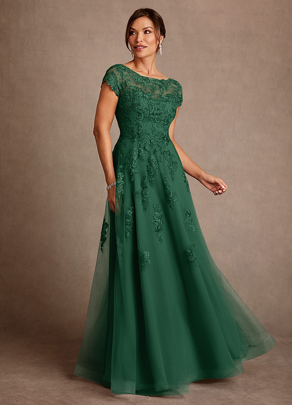 Azazie Jalinda Mother of the Brides Dresses Dark Green A-Line Lace Chiffon Dress image1