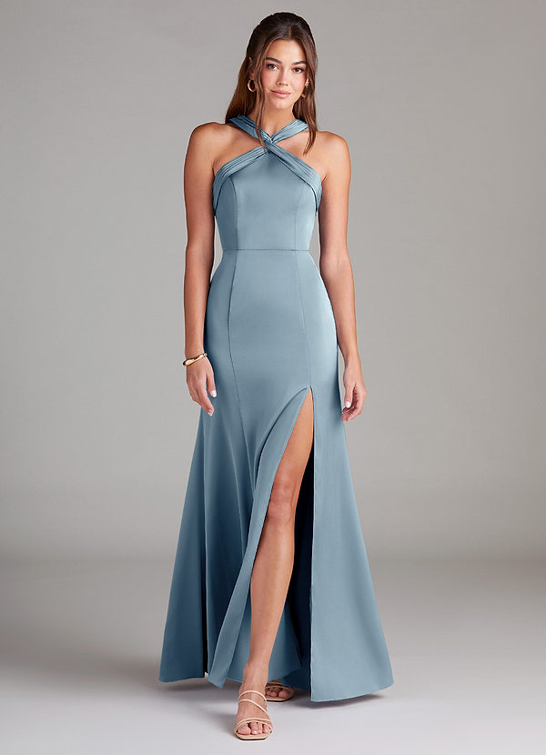 Azazie Rue Bridesmaid Dresses Dusty Blue A-Line Pleated Stretch Satin Dress image1
