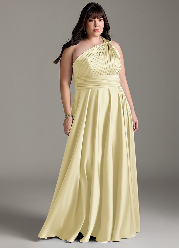 Azazie Charlize Robes Demoiselle d'honneur Robe Trapèze en Satin extensible Une épaule Sorbet Citron image1