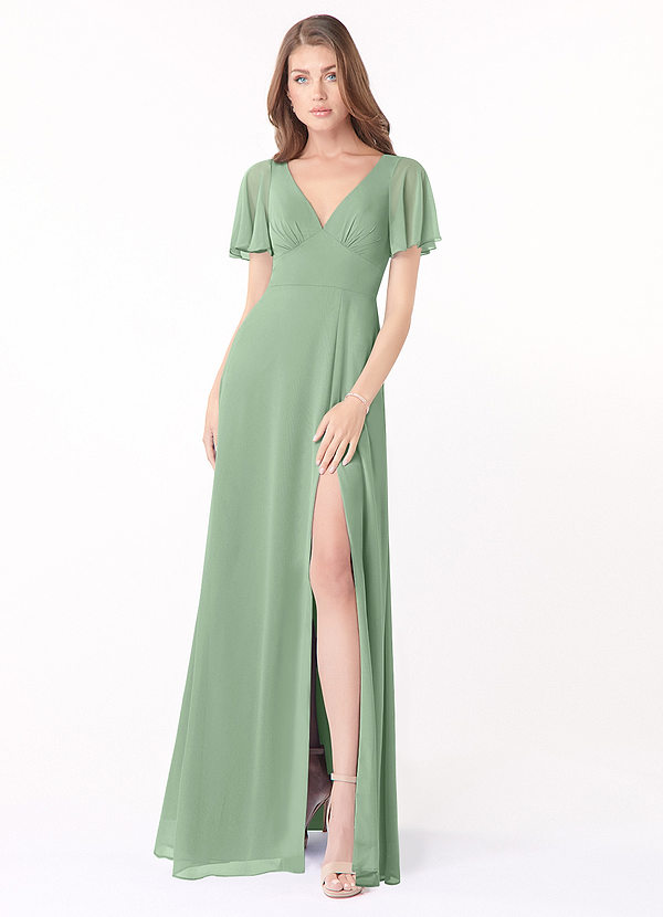 Azazie Kimber Bridesmaid Dresses A-Line Flounce Sleeve Chiffon Floor-Length Dress image1