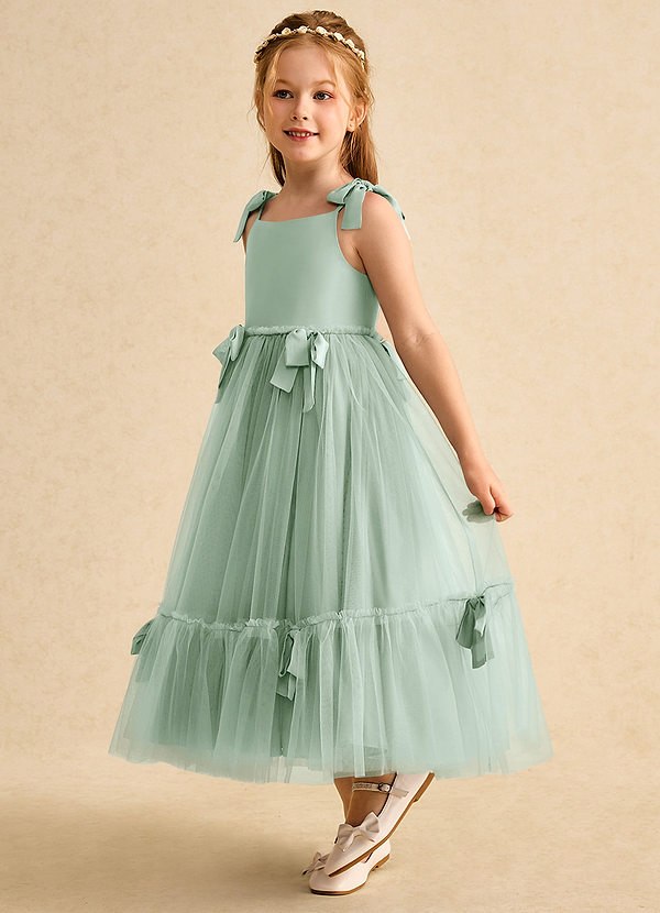 Azazie Jaci Blumenkinder Kleider A-Linie Spaghetti Riemen Chiffon Kleid Agave image1