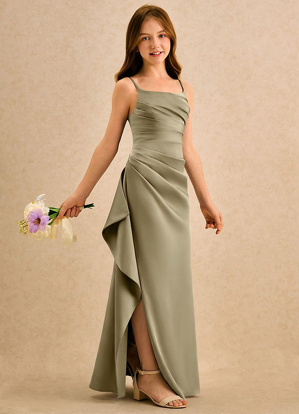 Azazie Cannoli Girls Formal Flower Girl Dresses Moss Green A-Line Pleated Stretch Satin Dress image1