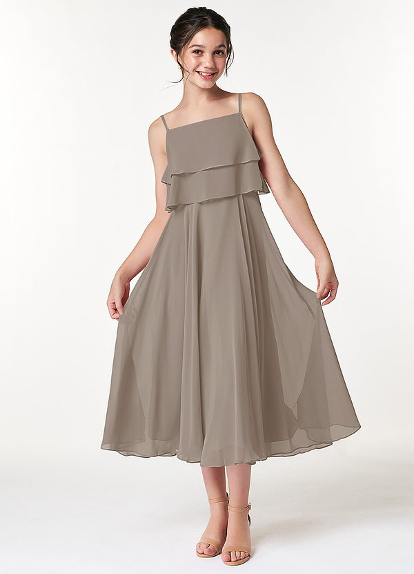 Azazie Ensley Junior Abito A-Line in Chiffon Plissettato Taupe image1