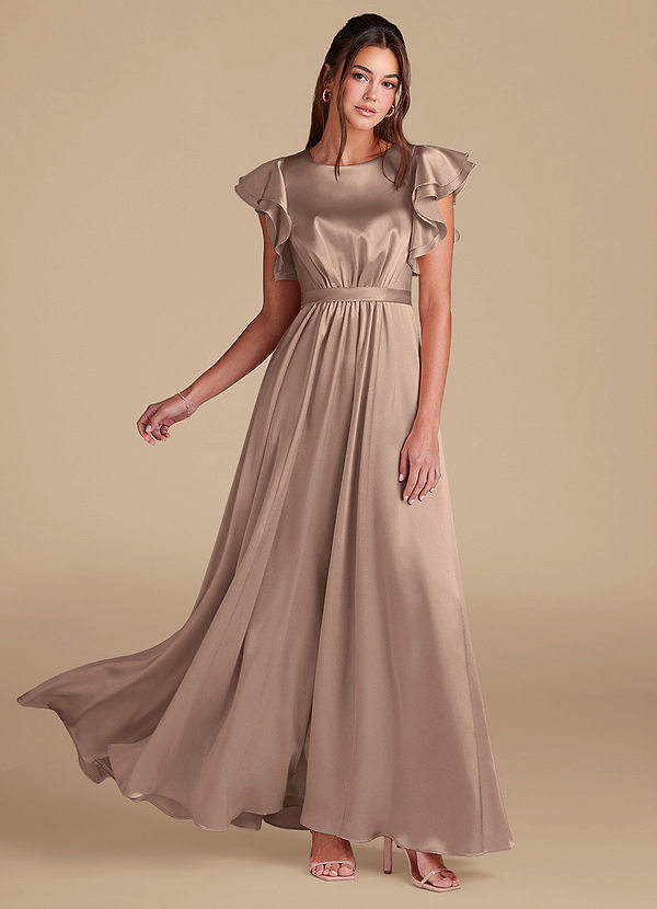 Azazie Daphne Modest Bridesmaid Dresses A-Line Ruched Metallic Satin Floor-Length Dress image1