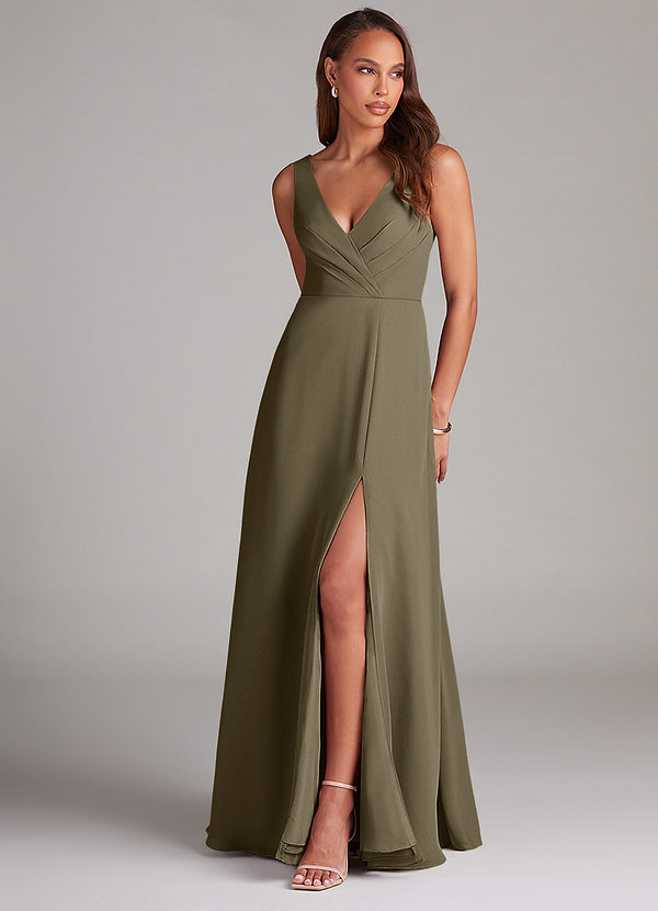 Azazie Nelly Robes de demoiselle d'honneur Robe Trapèze en Mousseline de soie Plissée Vert Saule image1