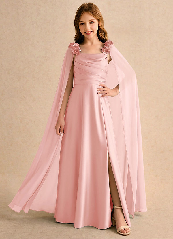 Azazie Rosita Girls Formal Flower Girl Dresses Powder Pink A-Line Pleated Stretch Satin Dress image1