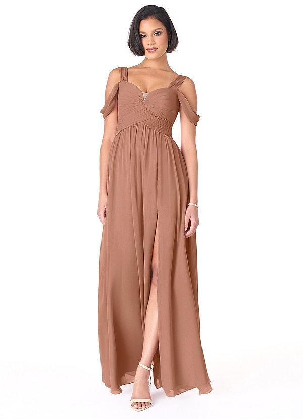 Azazie Lianne Robes Demoiselle d'honneur Robe Trapèze en Mousseline de soie Épaule décolletée Bronze image1