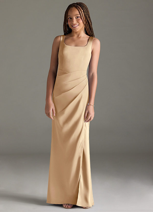 Azazie Mero Junior Champagne Mermaid Pleated Stretch Satin Dress image1