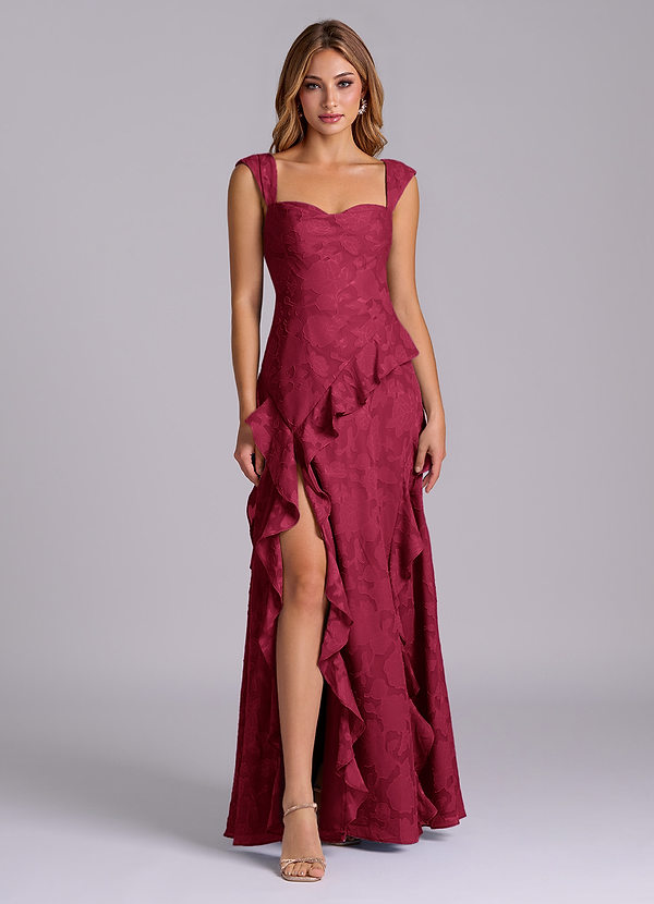 Azazie Sloane Bridesmaid Dresses Burgundy A-Line Sweetheart Neckline Floral Burnout Dress image1