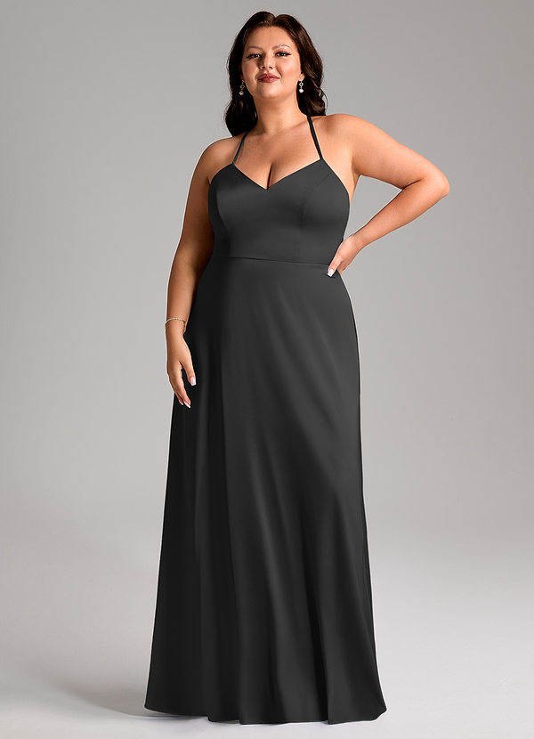 Azazie Mei Robes Demoiselle d'honneur Robe Trapèze en Satin extensible Col en V Noir image1