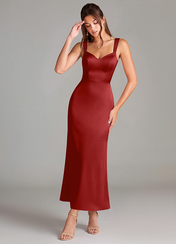 Azazie Denice 신부 들러리 드레스 쉬스 주름진 스트레치 새틴 발목 길이 드레스 image1