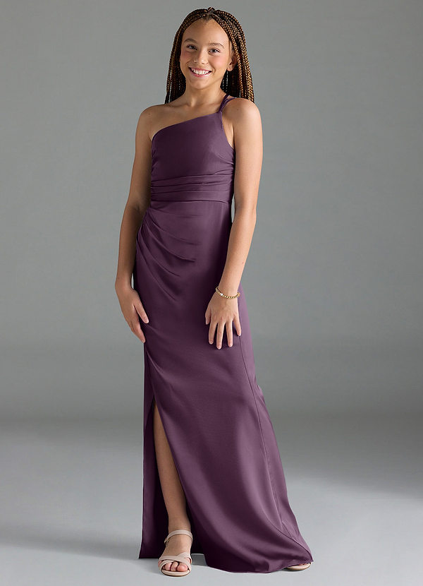 Azazie Eren Junior Plum Sheath Pleated Stretch Satin Dress image1