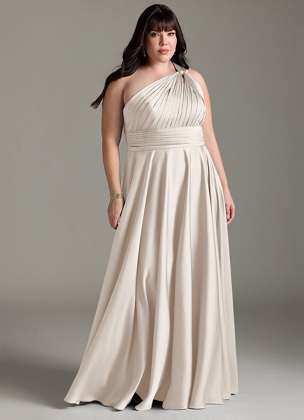 Azazie Charlize Bridesmaid Dresses White Alabaster A-Line One Shoulder Stretch Satin Dress image1