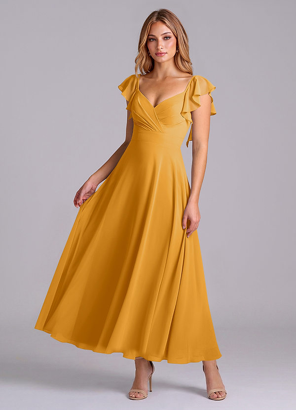 Azazie Leilani 신부 들러리 드레스 A라인 셔링 쉬폰 발목 길이 드레스 image1