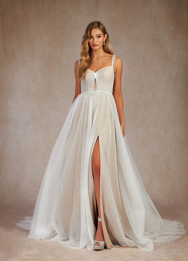 Azazie Lumia Wedding Dresses A-Line Pleated Tulle Cathedral Train Dress image1