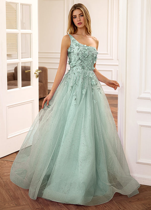 Felicite Light Green Floral A-line Tulle Sequin One Shoulder Glitter Prom Dress front