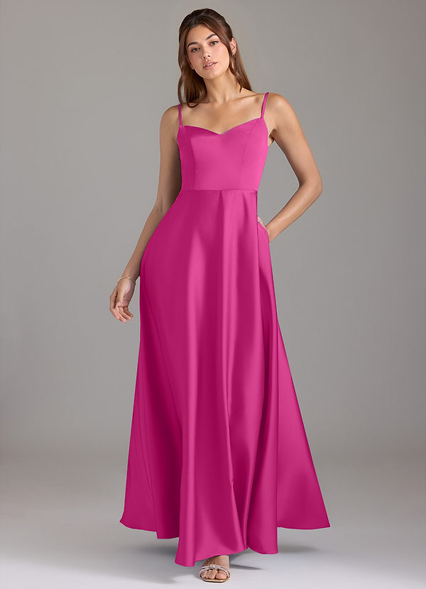 Azazie Marley Bridesmaid Dresses Fuchsia A-Line Off the Shoulder Stretch Satin Convertible Dress image1