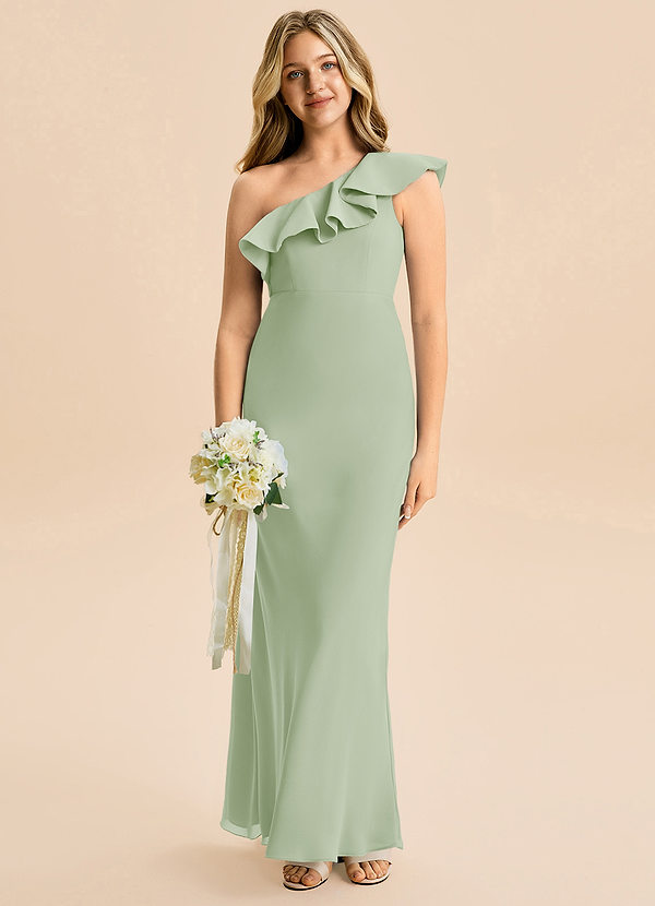 Azazie Alissa Junior Vestido de Salvia Polvorienta de Gasa de Corte en A con Volante image1