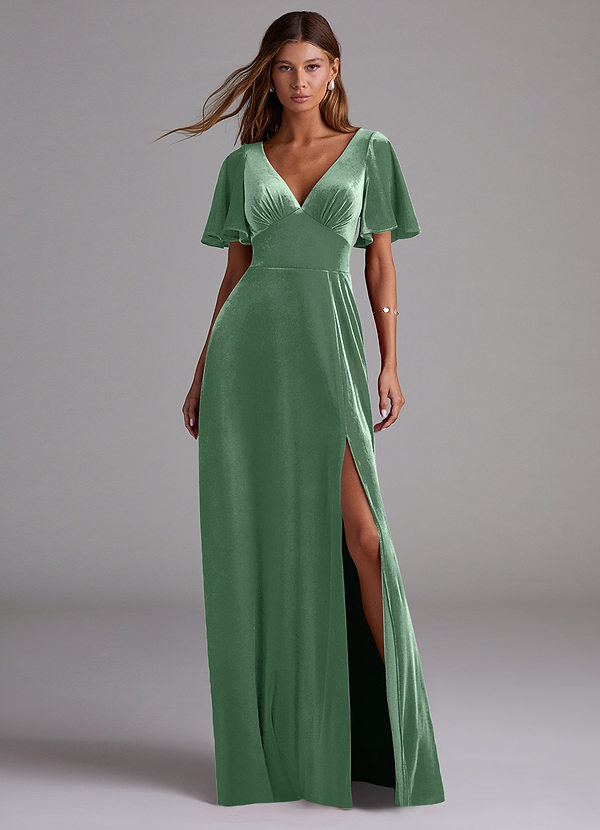 Azazie Kimber Bridesmaid Dresses Eucalyptus A-Line with Pockets Velvet Dress image1