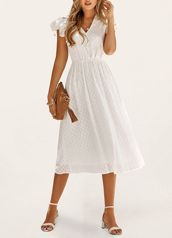 front Adorable Type White Flutter Sleeve Midi Dress