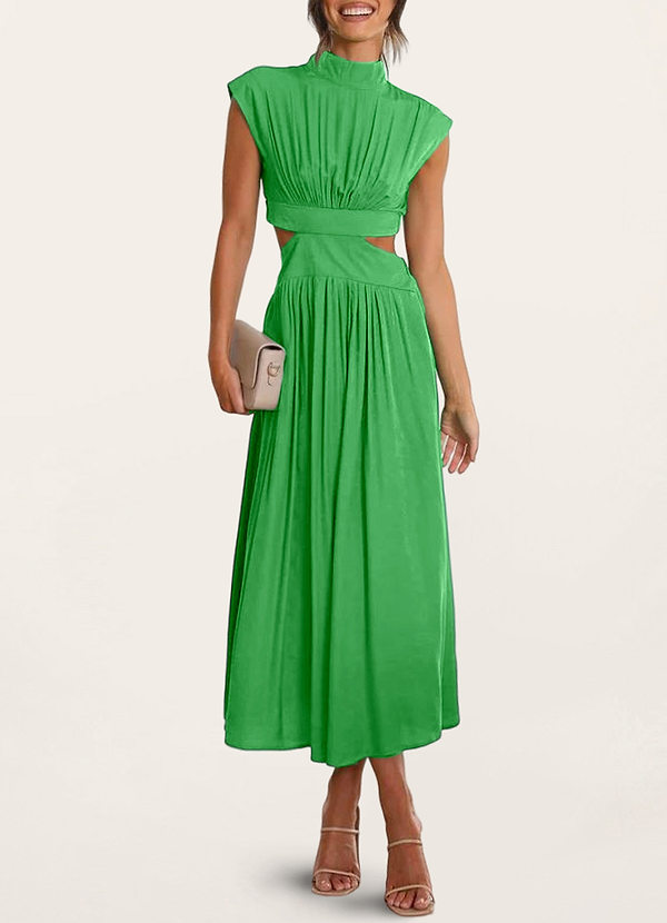 front Certainly Chic Green Pleated Cut Out Midi Dress