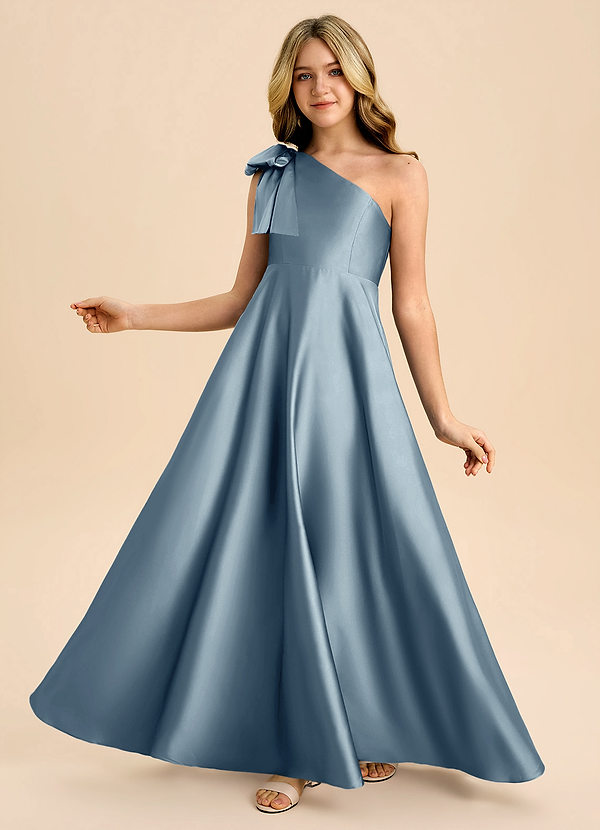 Azazie Penguin Junior Dusty Blue A-Line Bow Stretch Satin Dress image1