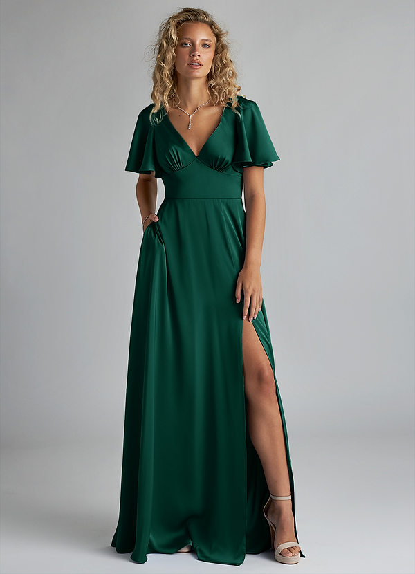 Azazie Kimber Bridesmaid Dresses Emerald A-Line Ruched Stretch Satin Dress image1