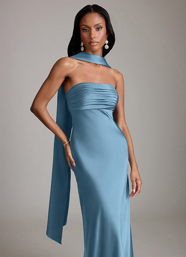 Azazie Saylor Bruidsmeisjes Jurken Jurk van Stretch Satijn met Zeemeermin Strapless Staal Blauw image1