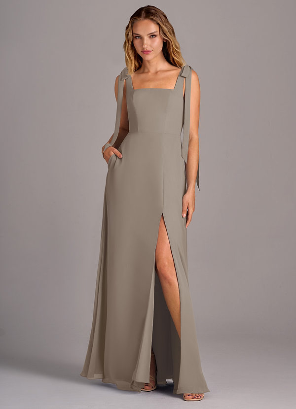 Azazie Debra Bridesmaid Dresses Taupe A-Line with Pockets Chiffon Convertible Dress image1