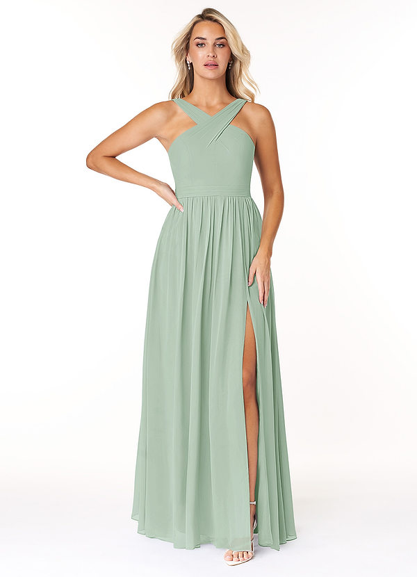 Azazie Elvira Bridesmaid Dresses Agave A-Line Pleated Chiffon Dress image1