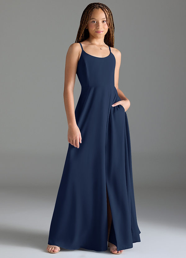 Azazie Moira Junior Dark Navy A-Line with Pockets Chiffon Dress image1