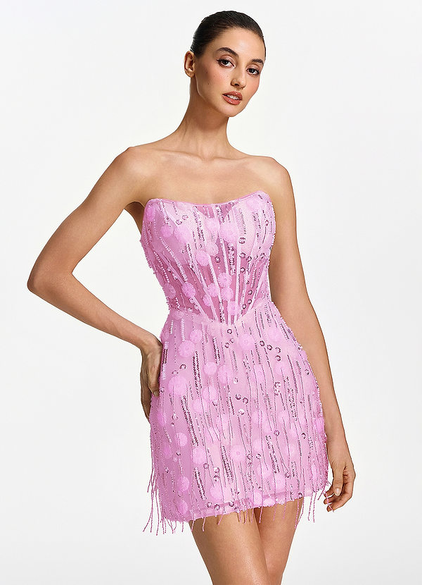 Madison Rosa Trägerloses Minikleid aus Mesh-Korsett mit Fransen image1