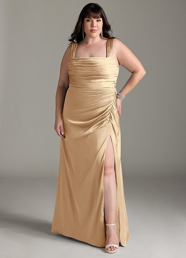 Azazie Jesaphine Vestidos Dama de Honor Vestido de Champán de Satén Elástico de Corte Recto con Lazo image1