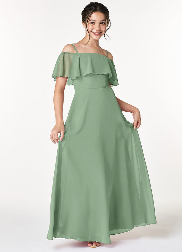 Azazie Maggie Junior Matcha A-Line Off the Shoulder Chiffon Dress image1