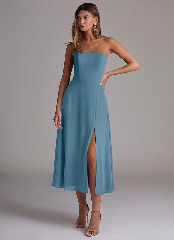 Azazie Wren 신부 들러리 드레스 A라인 스트랩리스 쉬폰 티 길이 드레스 image1