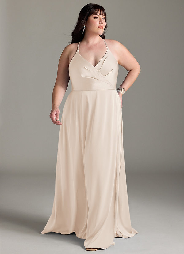 Azazie Davis Robes Demoiselle d'honneur Robe Trapèze en Satin extensible Plissée Albâtre Blanc image1