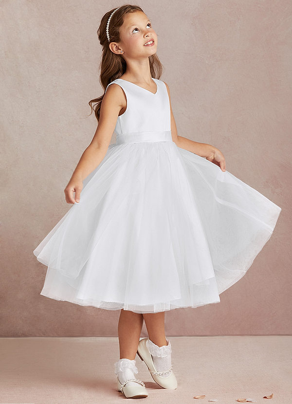 Azazie Marlee Flower Girl Dresses White A-Line Pleated Matte Satin Dress image1