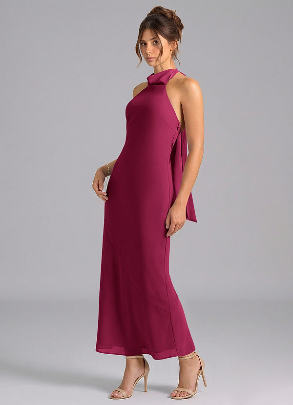 Azazie Velli Vestidos de dama de honor Vestido Borgoña de Gasa de Corte Sirena con Cuello alto image1