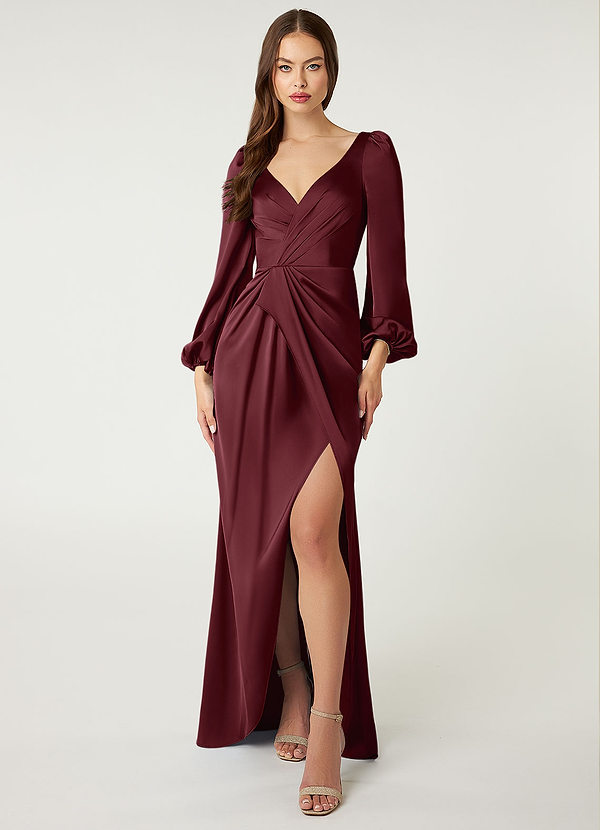 Azazie Mel Bridesmaid Dresses Cabernet Sheath Long Sleeve Stretch Satin Dress image1