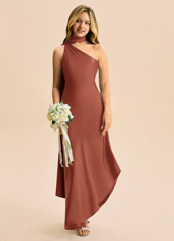 Azazie Briony Junior Auburn Sheath Pleated Stretch Satin Dress image1