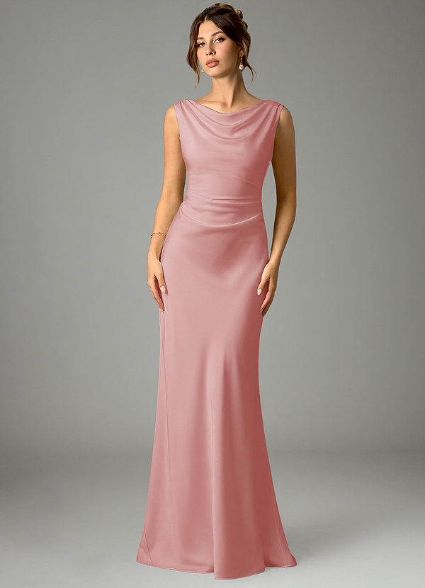 Azazie Kieryn Bridesmaid Dresses Powder Pink Mermaid Pleated Stretch Satin Dress image1