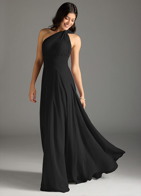 Azazie Charlize Bridesmaid Dresses Black A-Line One Shoulder Chiffon Dress image1